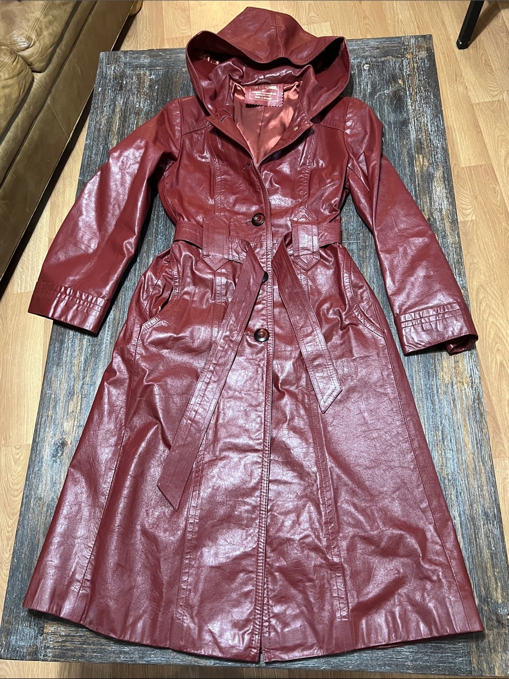 Vintage Berman Buckskin Women’s Burgundy Hooded Leather Trench Coat